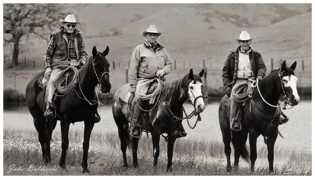 Bill Dorrance, Ray Hunt and Tom Dorrance showing three stages of the Vaquero horsemanship