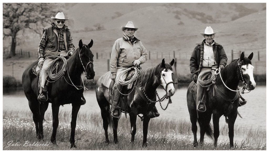 Bill Dorrance, Ray Hunt et Tom Dorrance présentant trois étapes de l'équitation vaquero